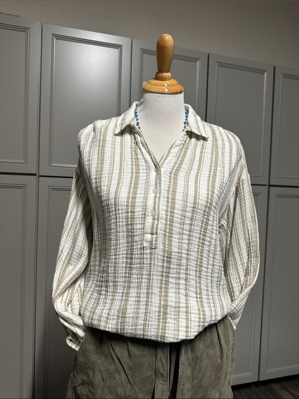 LOFT Cream and Taupe Striped Button-Front Tunic Shirt